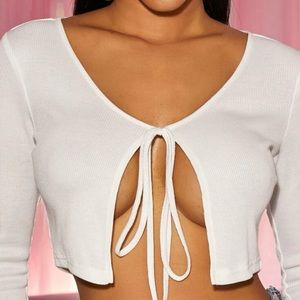 Cute white tie neck open front rib knit top 🤍
